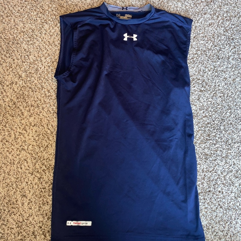 2 under armour navy blue cutoff compression shirt